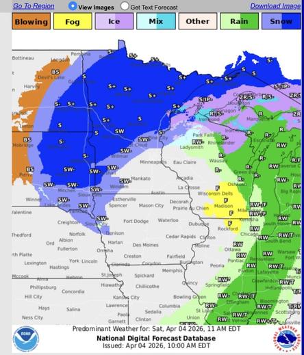 Map of upper Midwest US showing heavy snow forecast in eastern North and South Dakota and northern Minnesota. Rain in Indiana, Michigan. "Mixed bag" in 
Northern Michigan

