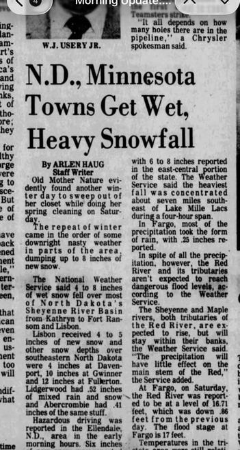 Portion of a newspaper article:
Headline
N.D., Minnesota Towns Get Wet, Heavy Snowfall
By ARLEN HAUG
Staff Writer

Old Mother Nature evidently found another 
Winter day to sweep out her closet.. dumping up to 8 inches of snow...