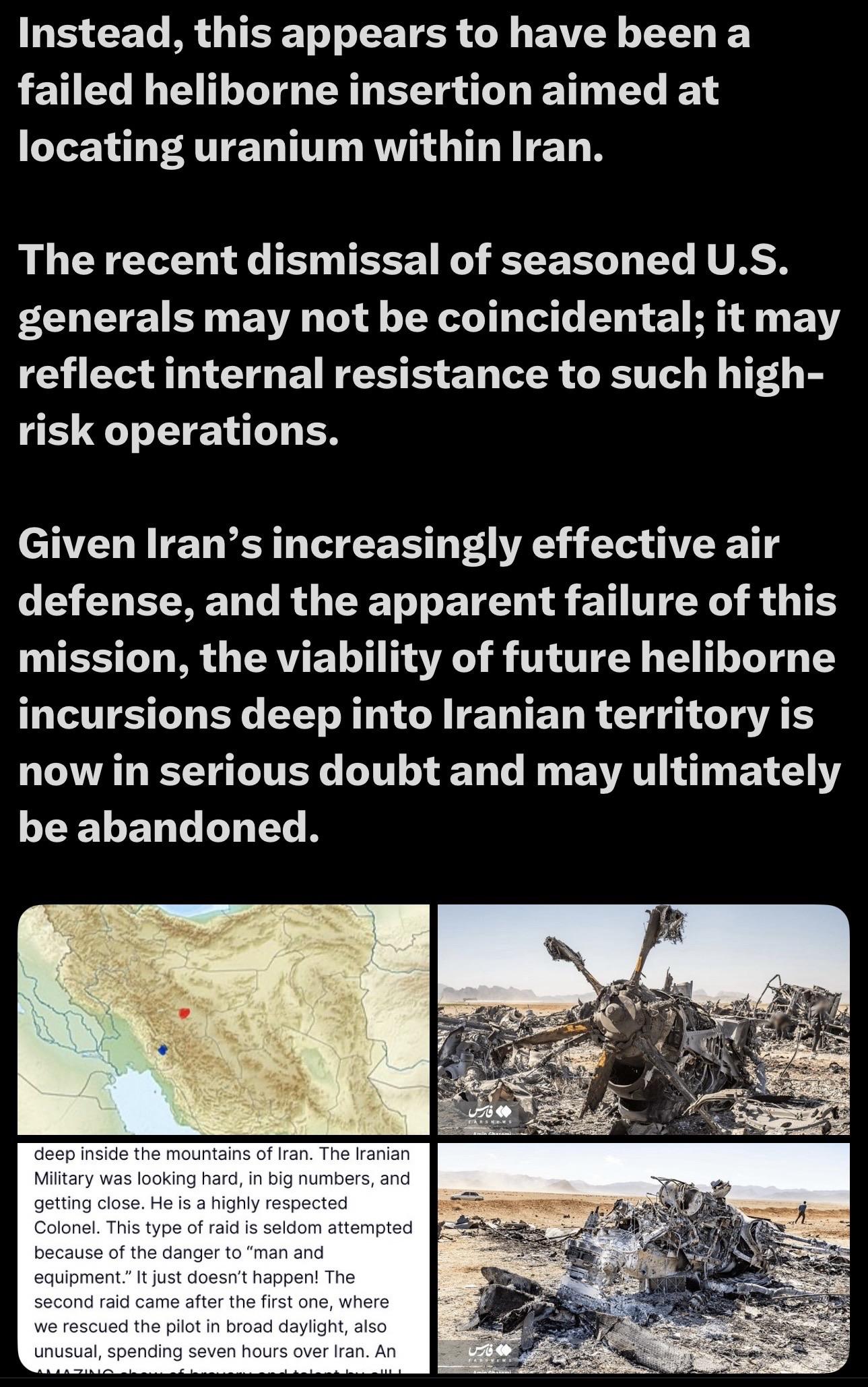 An image features a map of Iran alongside photos of aircraft wreckage. The text discusses a failed military operation to locate uranium in Iran, mentioning the potential implications of increased air defense and internal resistance within U.S. military strategy.