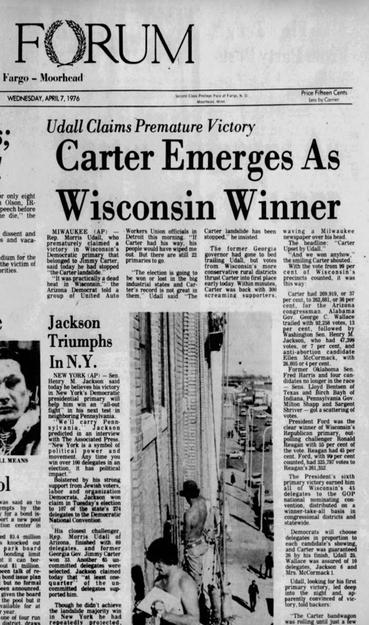 Part of the front page with large headline "Carter Emerges As Wisconsin Winner" ; smaller "Udall Claims Premature Victory."
MILWAUKEE (AP)
Rep. Morris Udall, who prematurely claimed victory in Wisconsin's Democratic primary that belonged to Jimmy Carter said today he had stopped "the Carter landslide."
"It was practically a dead heat in
Wisconsin" the  Arizona Democrat told a
group of United Auto... 