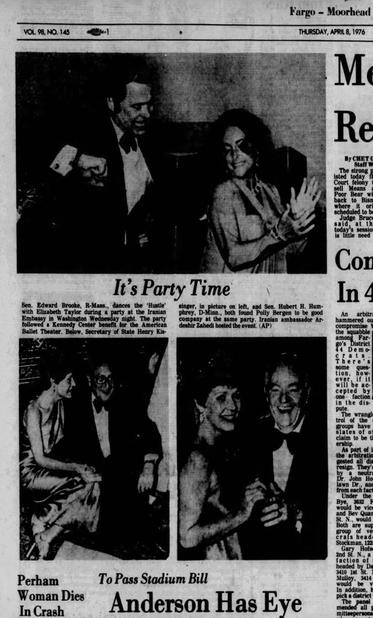 Three photos. Caption: 
Sen. Edward Brooke, R-Mass., dances the "Hustle' with Elizabeth Taylor during a party at the Iranian Embassy in Washington Wednesday night. The party followed a Kennedy Center benefit for the American Ballet Theater. Below, Secretary of State Henry Kissinger, in picture on left, and Sen. Hubert H. Humphrey, D-Minnesota both found Polly Bergen to be good company at the same party. Iranian ambassador Ardeshir Zahedi hosted the event. (AP)"