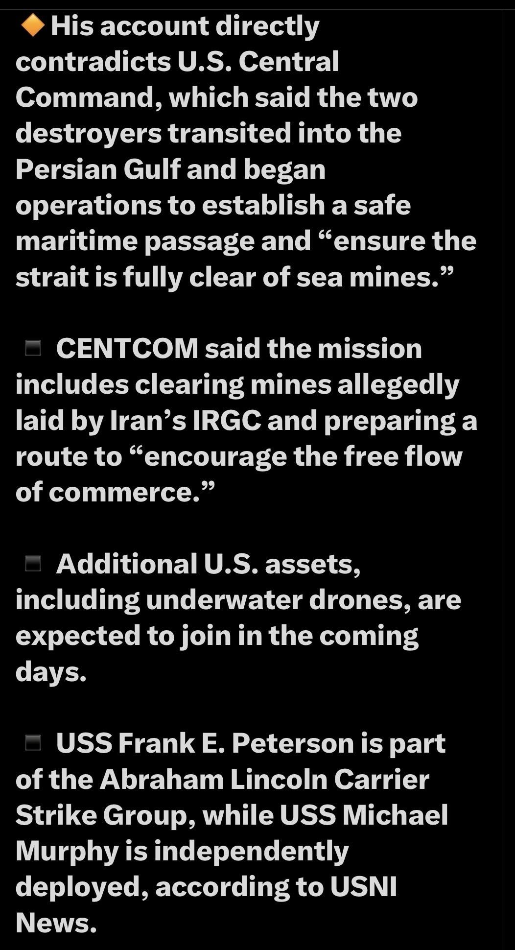 Text discussing U.S. Central Command's operations in the Persian Gulf, including claims about the movement of destroyers, mine-clearing missions, and the involvement of additional U.S. assets like underwater drones. It also mentions the USS Frank E. Peterson…