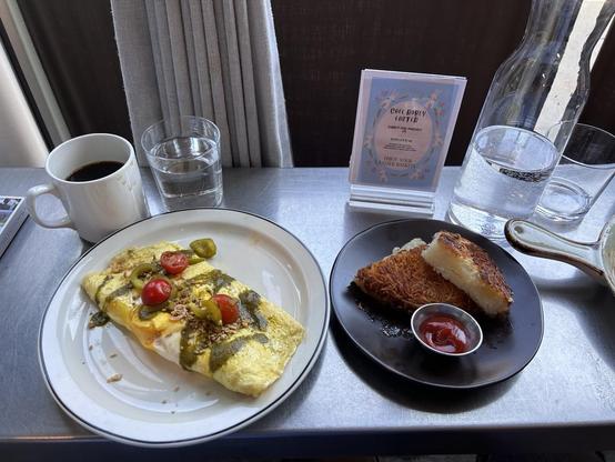 Two breakfasts on a counter with a view outdoors