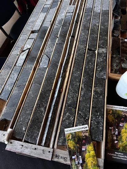 Drill core halves of a dark, coarse-grained rock laid out. 