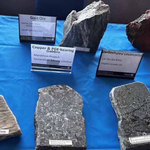 Rock samples laid out including ore samples of gold ore from Hemlo mining corporation, copper and PGE, bearing gabbro from the Marathon project, and veritextured leuconorite from Lac des Iles.