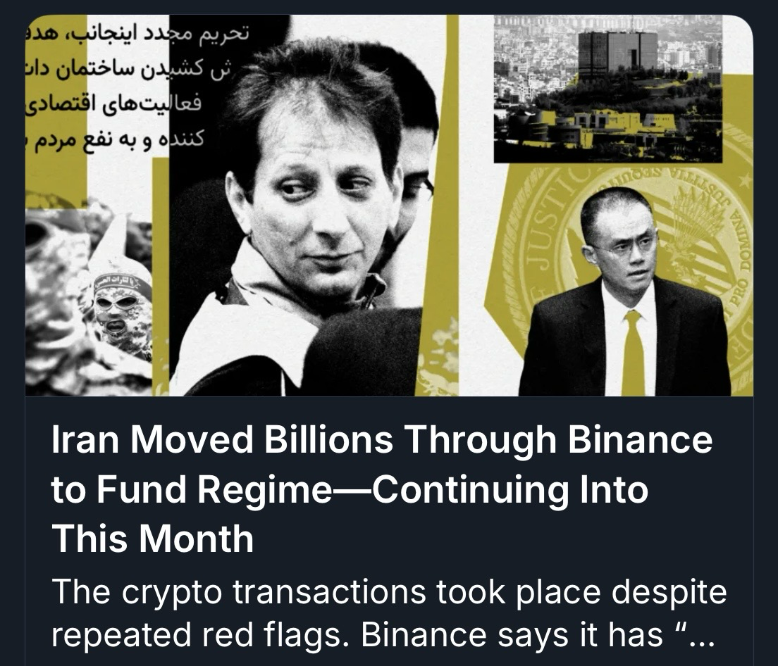 The image features a collage related to financial dealings in Iran. It includes text stating "Iran Moved Billions Through Binance to Fund Regime—Continuing Into This Month," along with images of two men, a cityscape, and some abstract graphics…