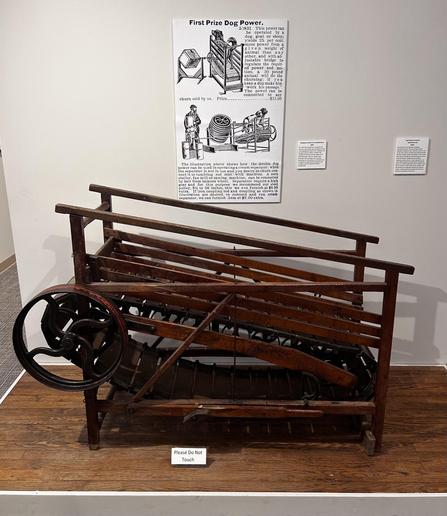 Side view of a device; an inclined wooden treadmill connected to an iron wheel. Behind the display is a replica advertisement from Montgomery Ward : "First Prize Dog Power. This power can be operated by a dog, goat or sheep" etc