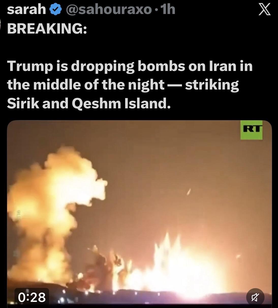 Image depicts an explosion at night, with bright flames and smoke rising against a dark sky. The text overlay indicates a breaking news alert about bombings in Iran, mentioning Sirik and Qeshm Island.