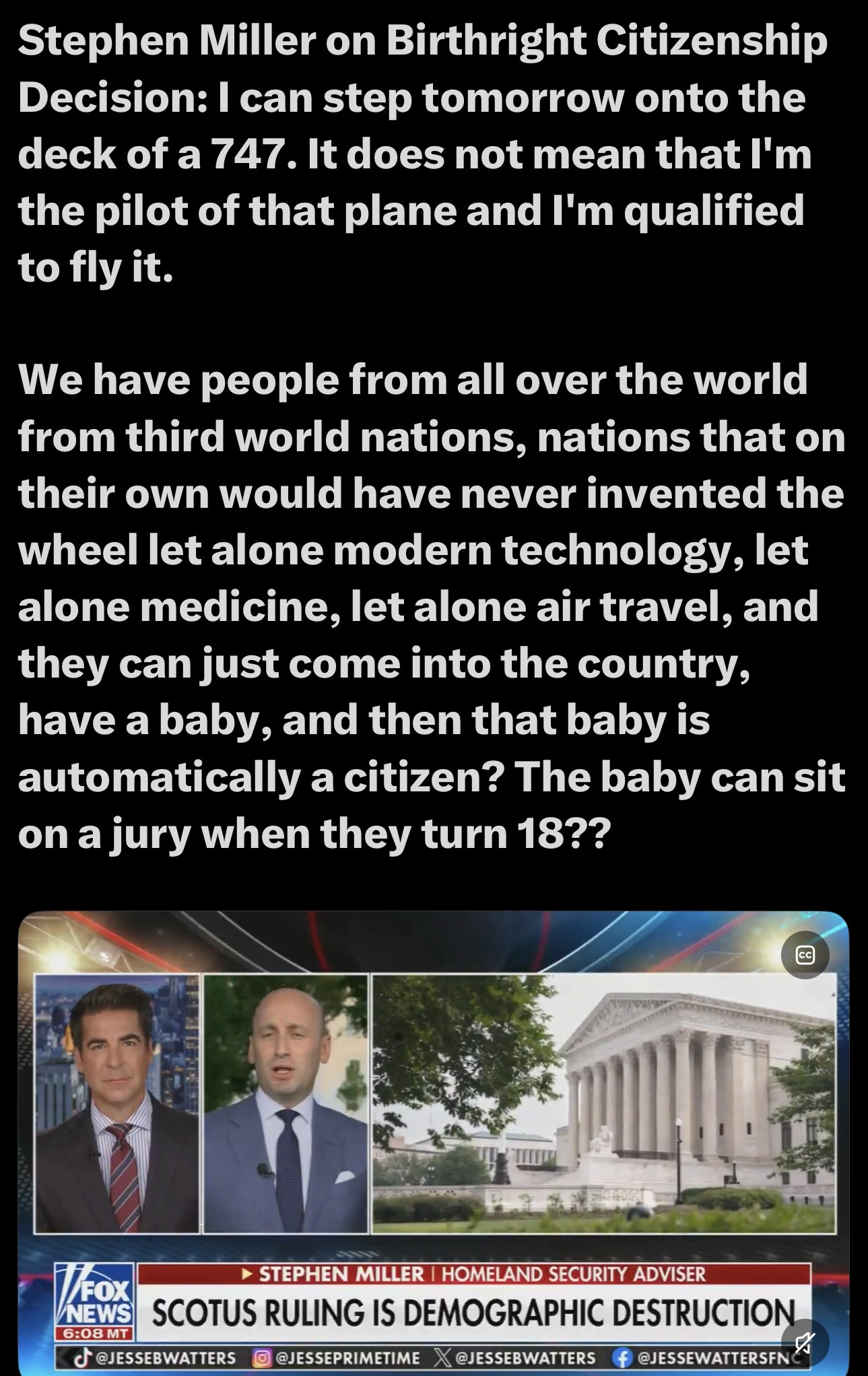 The image features a news segment discussing birthright citizenship, prominently featuring Stephen Miller, a former Homeland Security Adviser. He expresses controversial opinions regarding citizenship and immigration, emphasizing perceived challenges posed by immigrants from developing nations. The background includes an image of the Supreme Court…