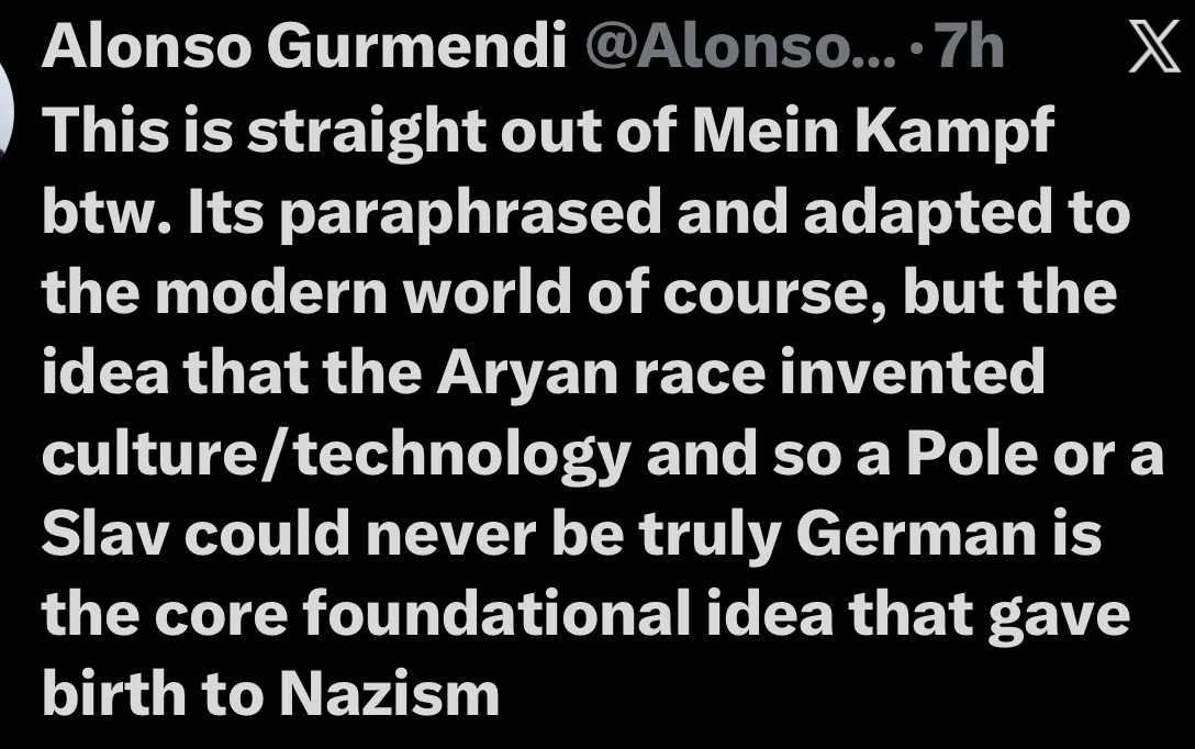 The image features a tweet by Alonso Gurmendi discussing themes from "Mein Kampf," specifically the notion that the Aryan race is credited with inventing culture and technology, and implying that individuals of Polish or Slavic descent cannot be considered truly German.