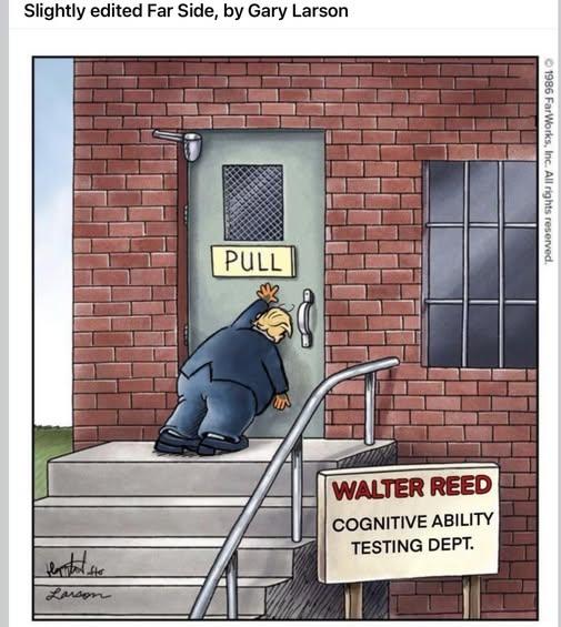 Trump pushing on a door that says pull
