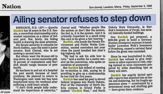 Newspaper article from September 4, 1992, describing Quentin Burdick's 32 years in the US Senate and his health issues.