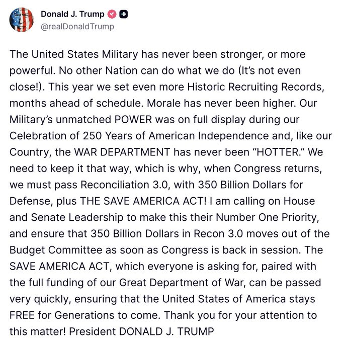Trump's post on SM today about the SAVE America Act & DOD funding: