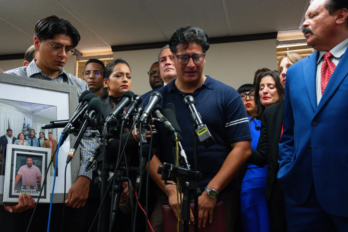 Salgado's son, Ronaldo, speaking at a press conference, very distraught.