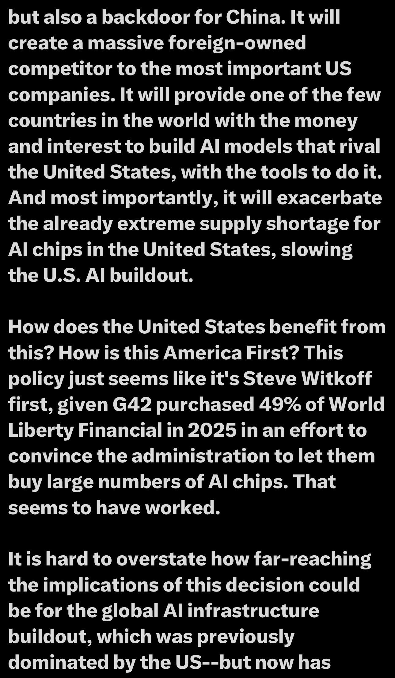Text discussing the implications of foreign investment in AI infrastructure, particularly concerning U.S. competitiveness and supply shortages for AI chips. The text raises questions about the effects of policies and the involvement of specific companies…