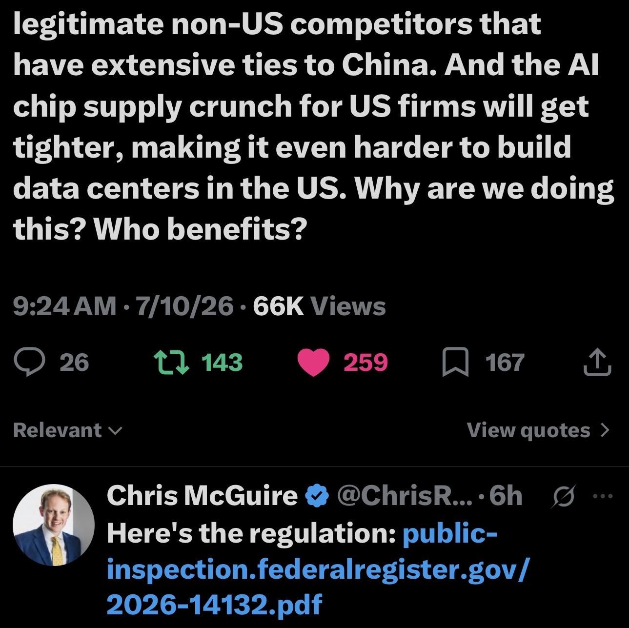 A social media post discussing challenges faced by U.S. firms related to AI chip supply and competition from non-U.S. entities, particularly those connected to China. It includes engagement metrics and a reply from a user providing a link to relevant regulations.