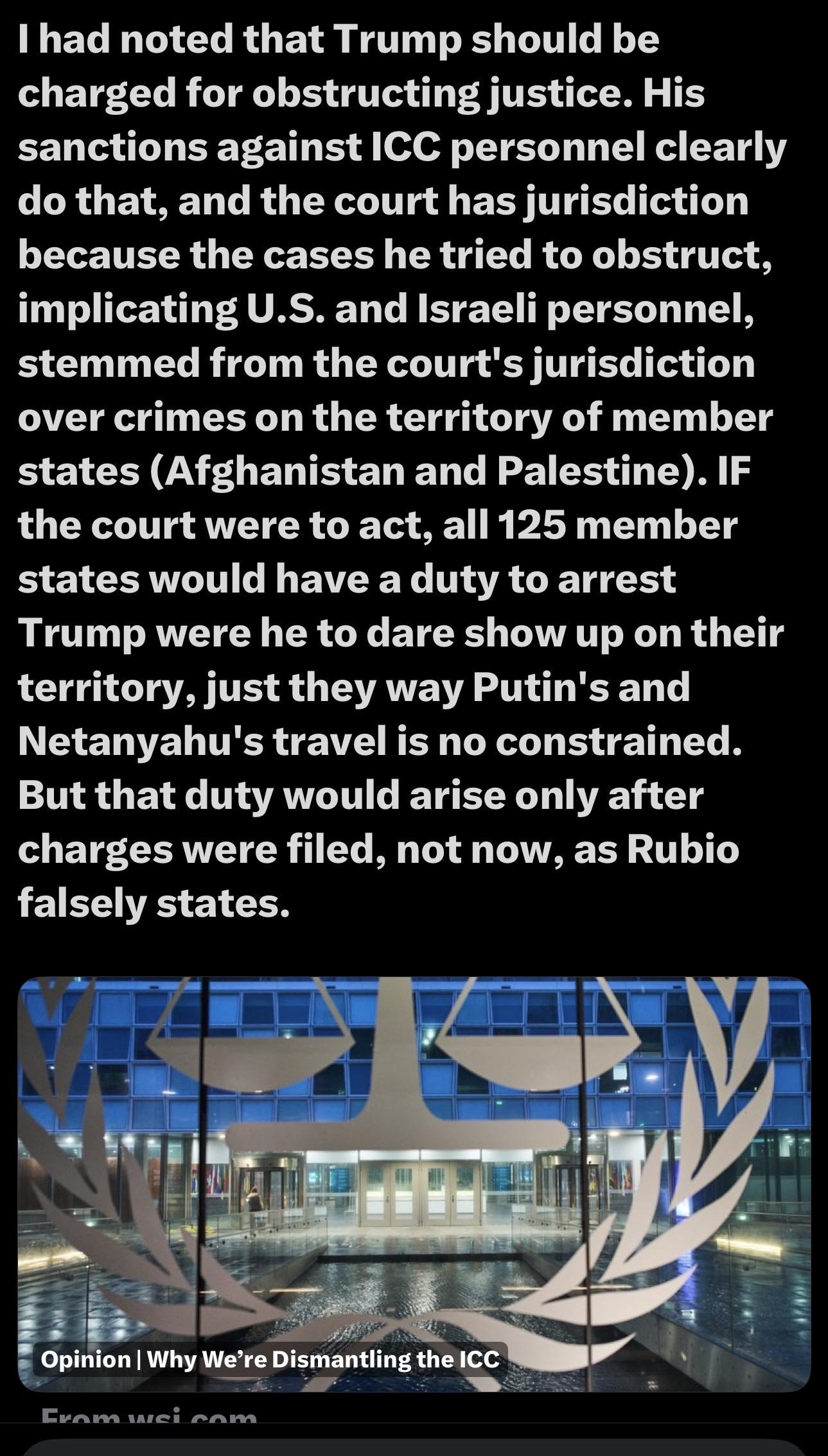 An opinion piece discussing the implications of legal actions against Trump related to obstructing justice, focusing on the International Criminal Court (ICC) and its jurisdiction over certain territories. The image includes a view of the ICC building with its logo prominently displayed.