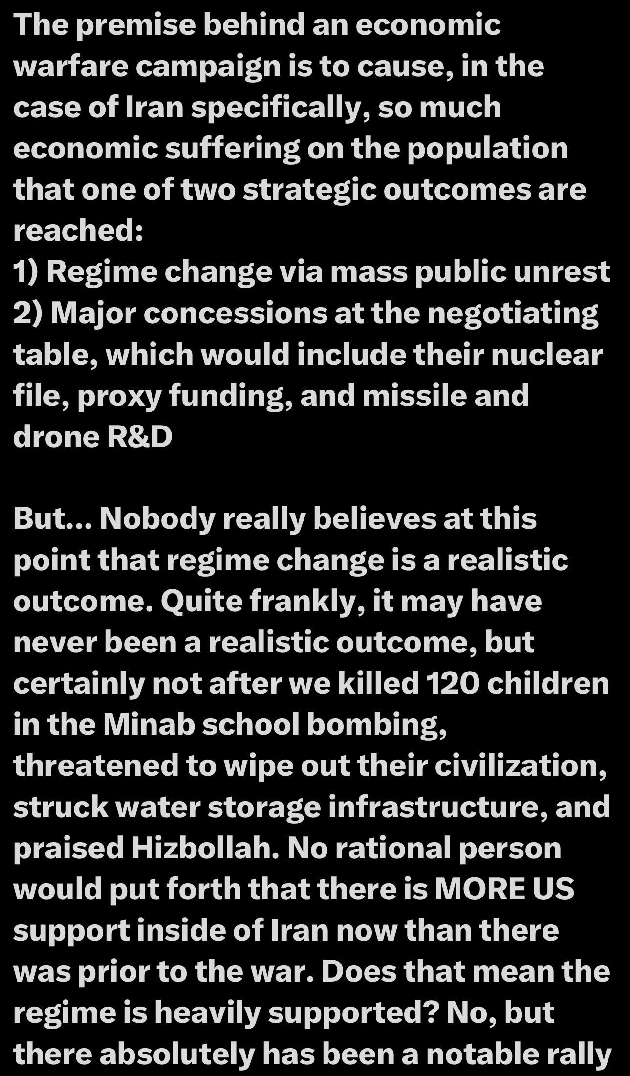 Text discussing the implications of an economic warfare campaign against Iran, focusing on potential outcomes like regime change or negotiation concessions, while reflecting on the complexities and skepticism surrounding such strategies, especially in light of past violence.