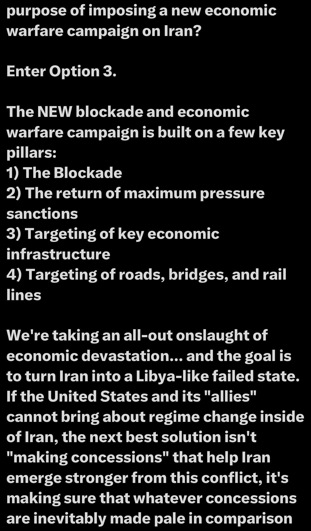 Text on a black background discussing a new economic warfare campaign on Iran, outlining key strategies such as blockades, sanctions, and targeting infrastructure to cause economic devastation.