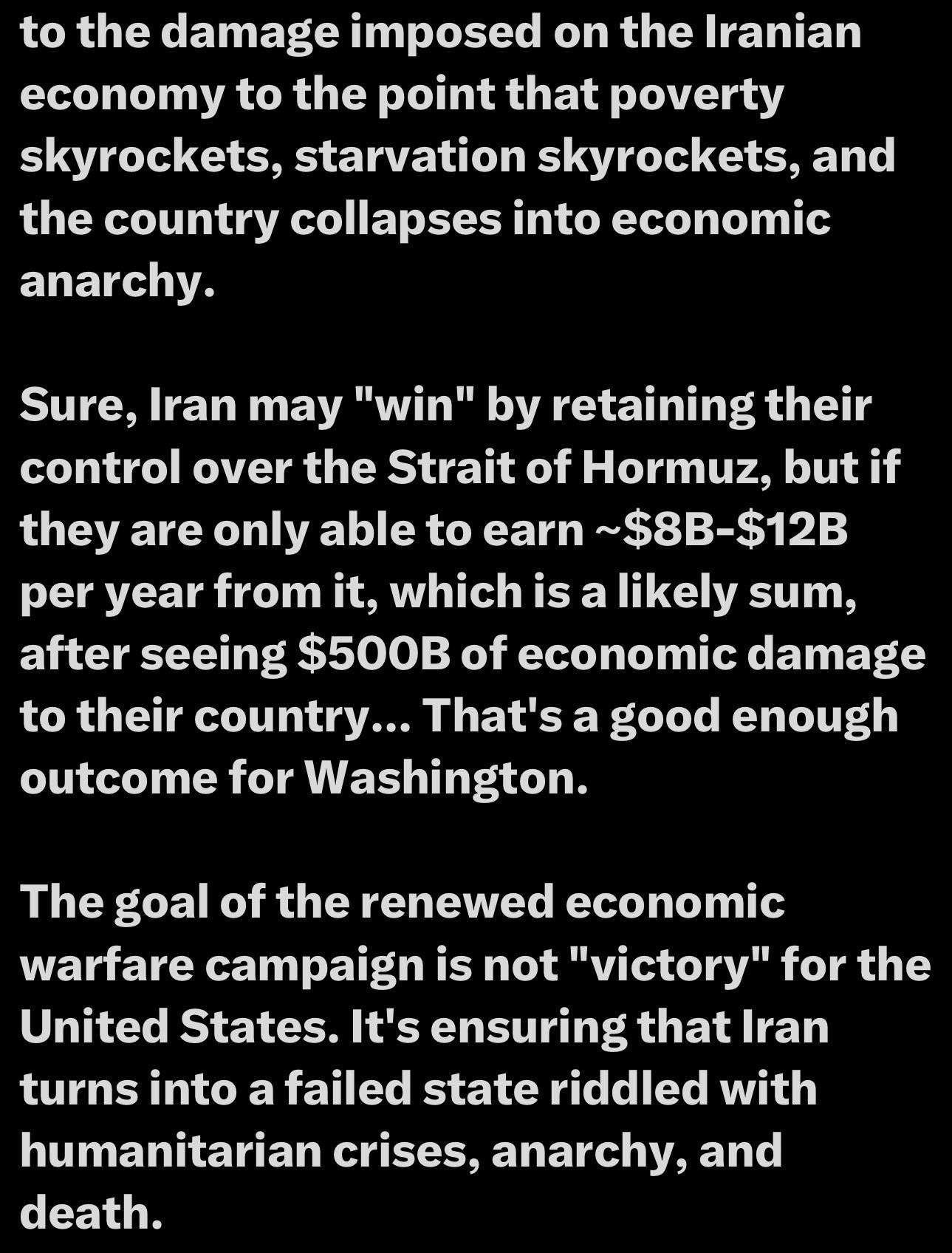 The image features a text excerpt discussing the economic impact of sanctions on Iran, highlighting issues such as rising poverty, starvation, and potential anarchy. It critiques the strategic outcomes for Washington regarding Iran's geopolitical status and economic challenges.