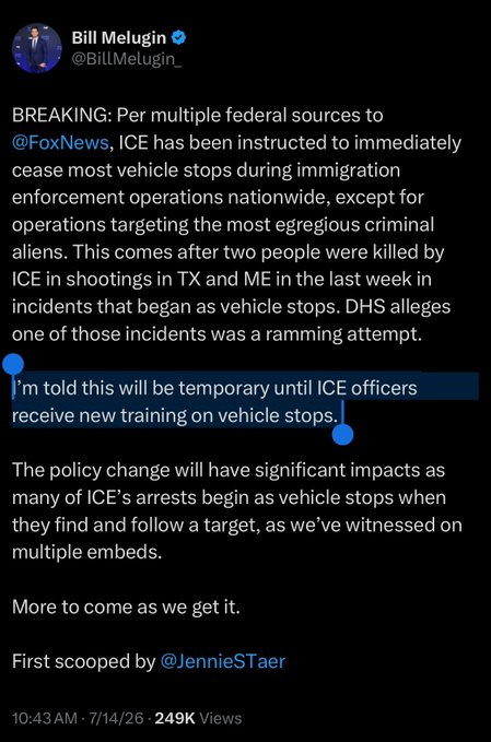 Bill Melugin cites Fox News about the temporary policy of halting vehicle stops until agents get new training.