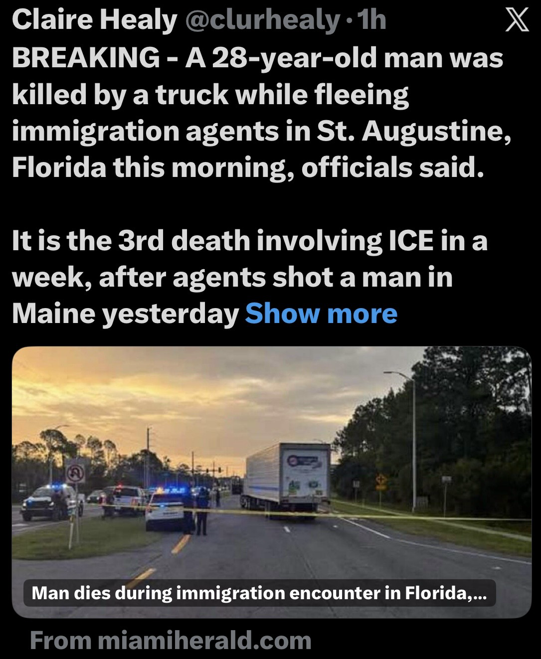 The image shows a scene of an incident involving IMM agents, with police cars and flashing lights present. A truck is positioned in the center, and police tape is set up around the area, indicating a potential crime scene. The background features a cloudy sky…