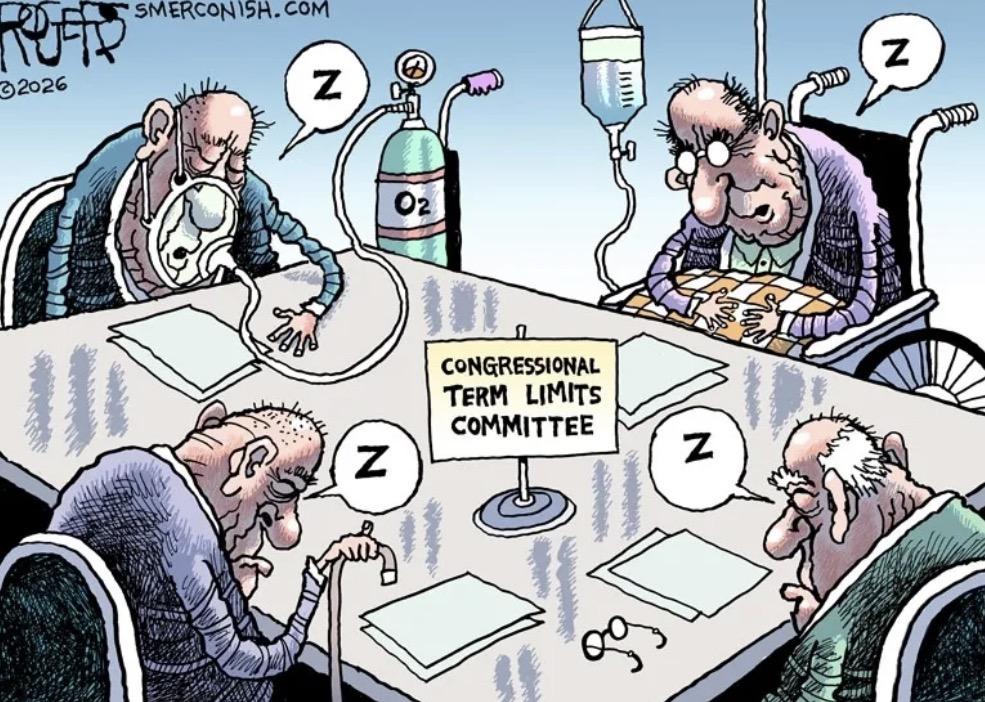 Conference table posting a sign “CONGRESSIONAL TERM LIMITS COMMITTEE” where 4 old and infirm men — one in wheelchair, one with oxygen mask, one curled up with a cane — are all snoozing signified by “z” bubbles