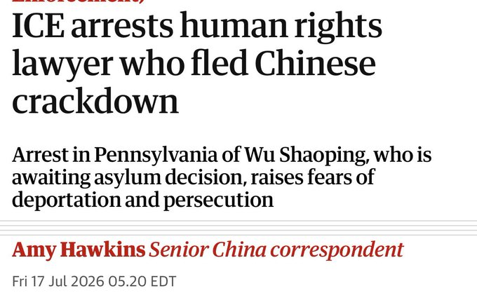 HL: ICE arrents human rights lawyer who fled Chinese crackdown.