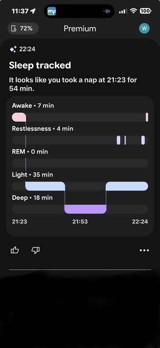 Screenshot from Google Health showing that my FitBit has detected a nap. Text:
Sleep tracked
It looks like you took a nap at 21:23 for 54 min.
Awake • 7 min
Restlessness • 4 min
REM • 0 min
Light • 35 min
Deep • 18 min
21:23
21:53
22:24