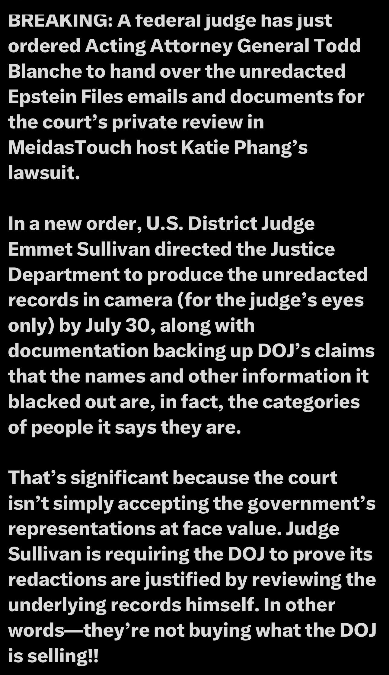 News update announcing that a federal judge ordered the release of unredacted Epstein Files emails and documents for a private review in a lawsuit involving MeidasTouch host Katie Phang. The order requires the Justice Department to produce these records and provide documentation justifying…