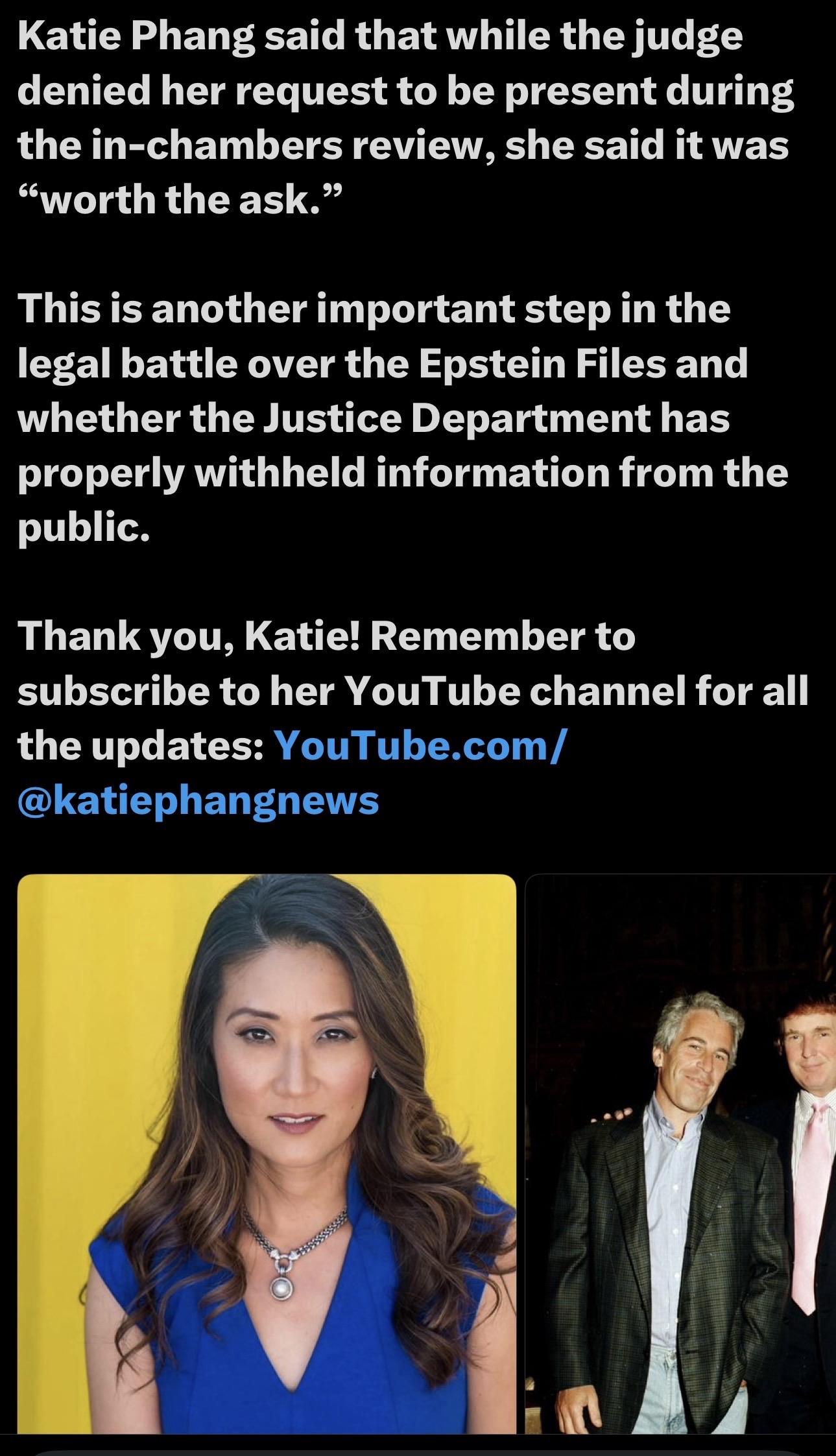 The image features Katie Phang in a blue dress against a yellow background, accompanied by text discussing her comments on a legal battle related to the Epstein Files. The right side shows a photo of two men, one of whom is linked to the Epstein case…