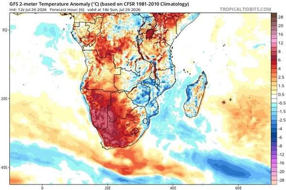 Temperature anomaly map from TropicalTidbits.Com showing all of Namibia and most of Botswana and RSA in the +3-12°C colors
Labeled: 

GFS 2-meter Temperature Anomaly (°C) (based on CFSR 1981-2010 Climatology)
Init: 12z Jul 26 2026 Forecast Hour: [6] valid at 18z Sun, jul 26 2026