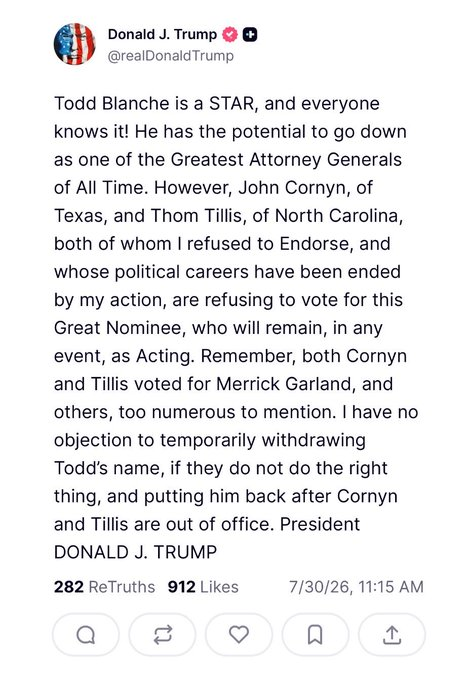 Trump's post about waiting to nominate Blanche for AG.