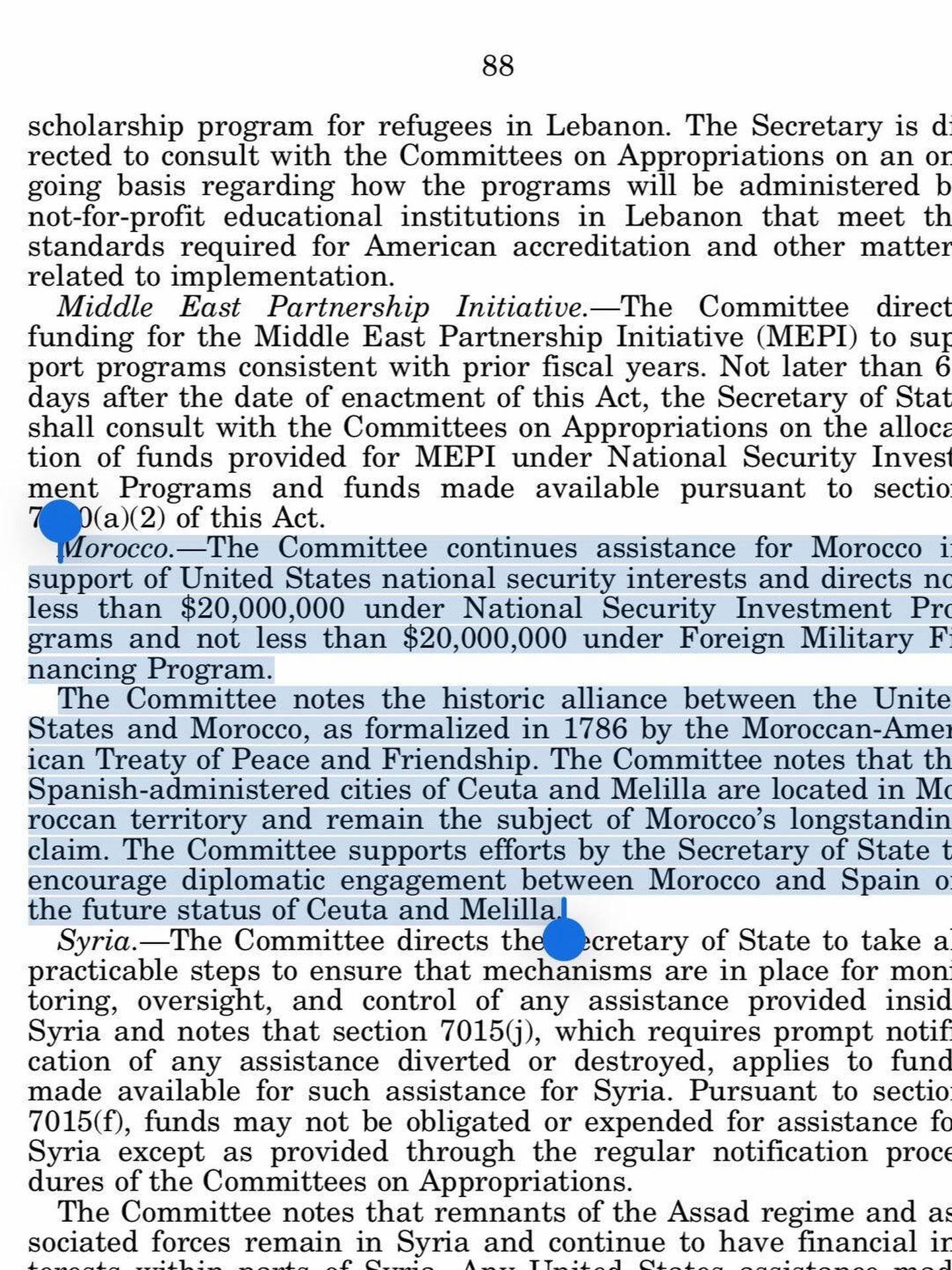 A page from a document discussing U.S. funding and support for Morocco, including details on national security interests and historical alliances with the United States. It also mentions the cities of Ceuta and Melilla and outlines priorities for Syrian assistance and oversight.
