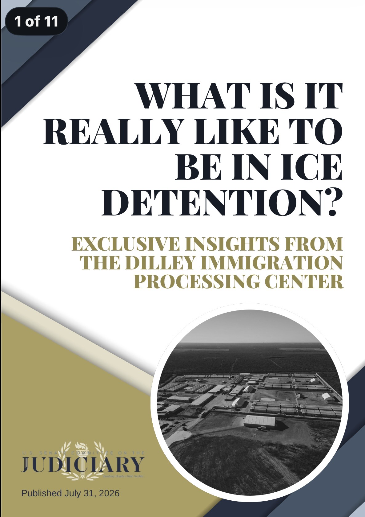 An image featuring a report cover asking about the experience of being in ICE detention, specifically at the Dilley Immigration Processing Center. The design includes a black-and-white aerial photo of the facility, with bold text highlighting the topic and publication details from the…