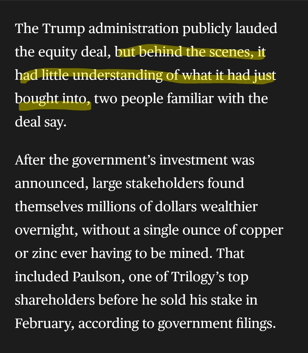 Few ppl in the admin understood that they'd bought. Paulson (Trump donor) is a top shareholder.