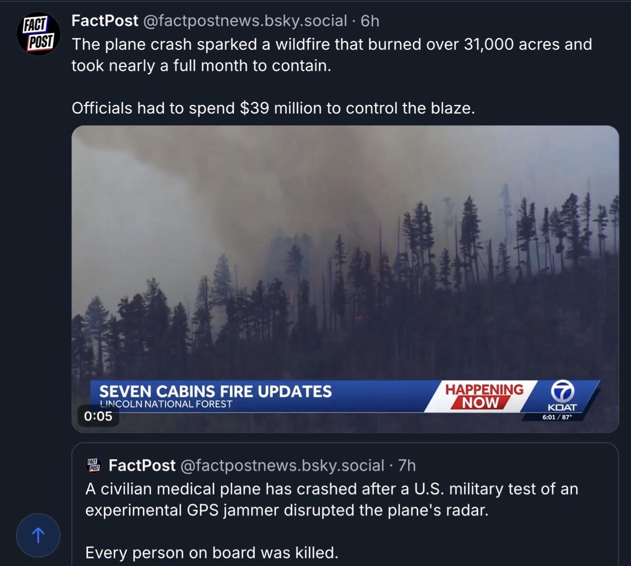 FACT POST FactPost @factpostnews.bsky.social • 6h The plane crash sparked a wildfire that burned over 31,000 acres and took nearly a full month to contain. Officials had to spend $39 million to control the blaze. SEVEN CABINS FIRE UPDATES LINCOLN NATIONAL FOREST • 
A civilian medical plane has crashed after a U.S. military test of an experimental GPS jammer disrupted the plane's radar. Every person on board was killed.