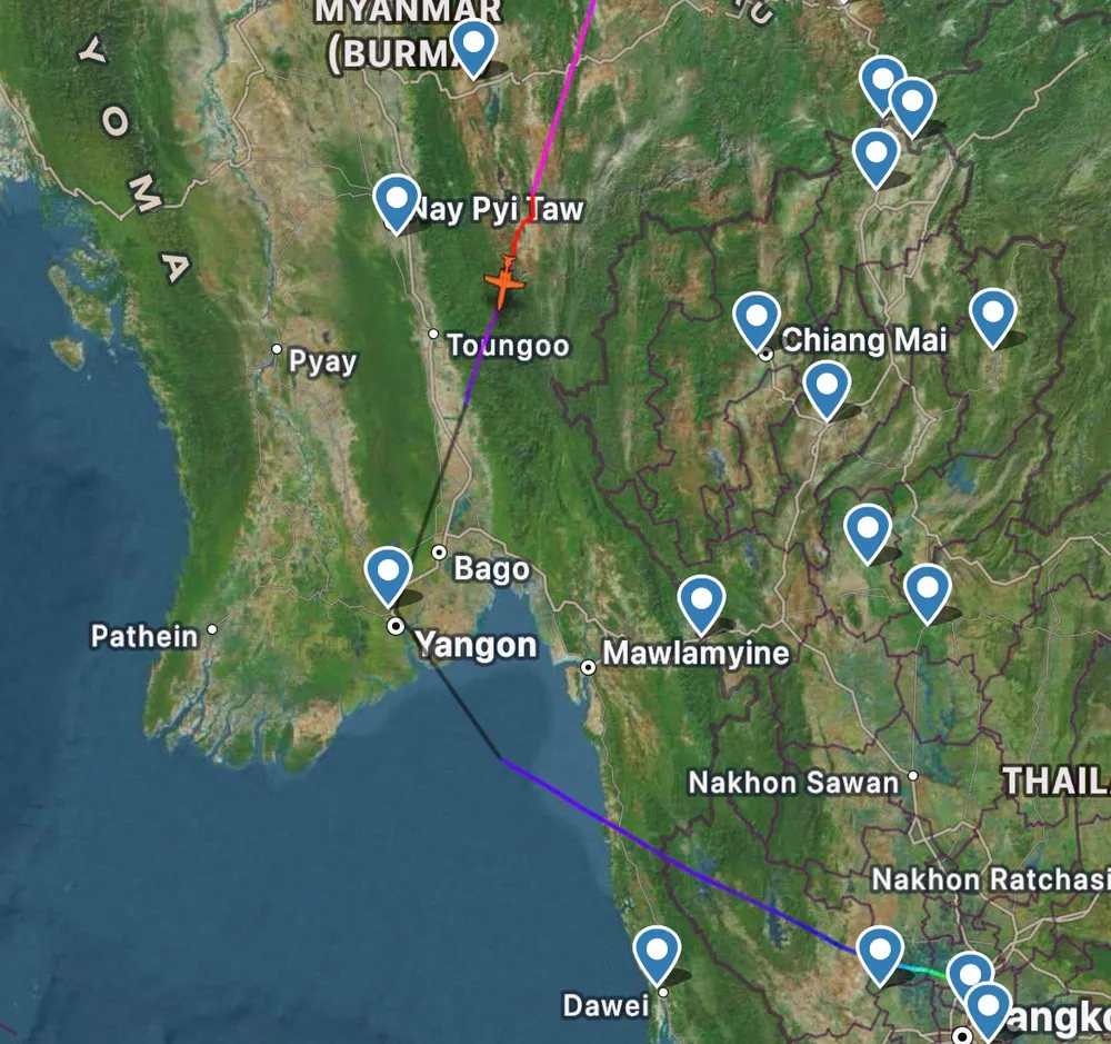 Map of Myanmar with a circle of where the plane is landing.