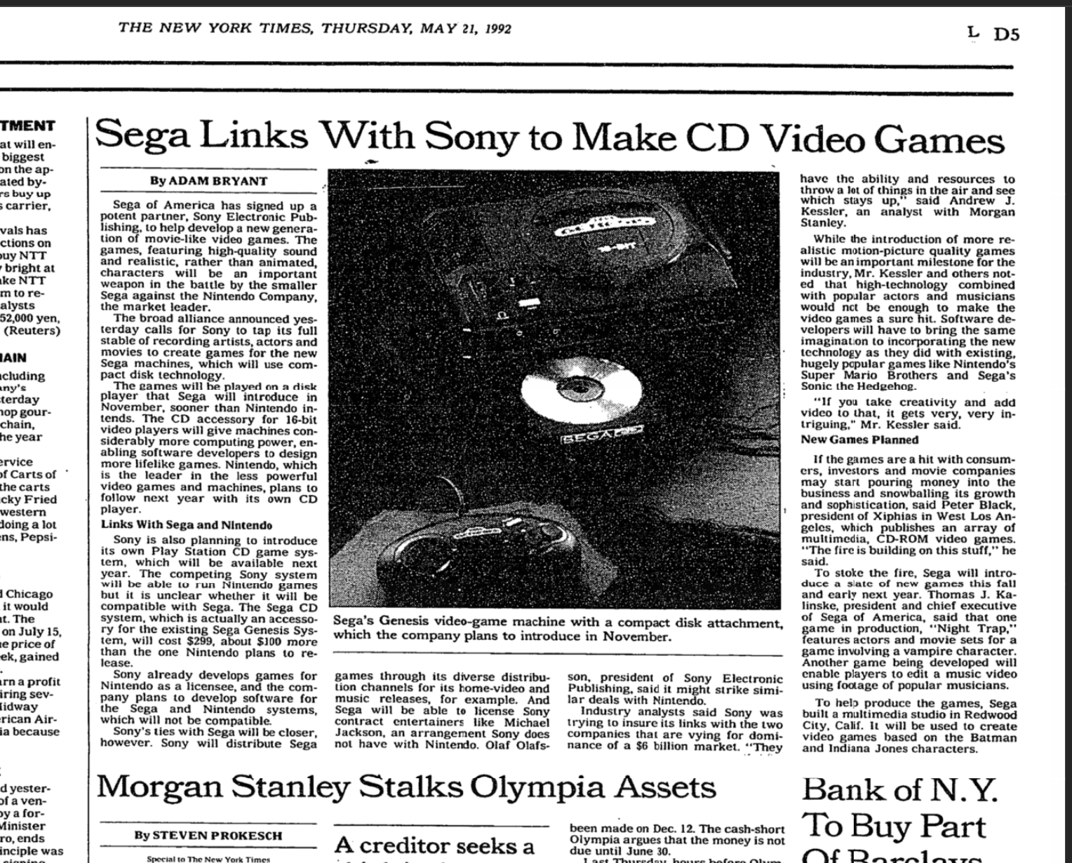 New York Times article from 21 May 1992: Sega Links With Sony to Make CD Video Games