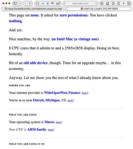 Screenshot of the top of the same loaded page, relevant text:

I didn't set a cookie. [FG] [WP5805]
This page set none. It asked for zero permissions. You have clicked nothing.
And yet.
Nice machine, by the way. an Intel Mac (a vintage one).

8 CPU cores that it admits to and a 2565x2658 display. Doing its best, honestly.
Bit of an old ahh device, though. Time for an upgrade maybe... in this economy.
Anyway. Let me show you the rest of what I already know about you.

WHERE YOU ARE
Your internet…