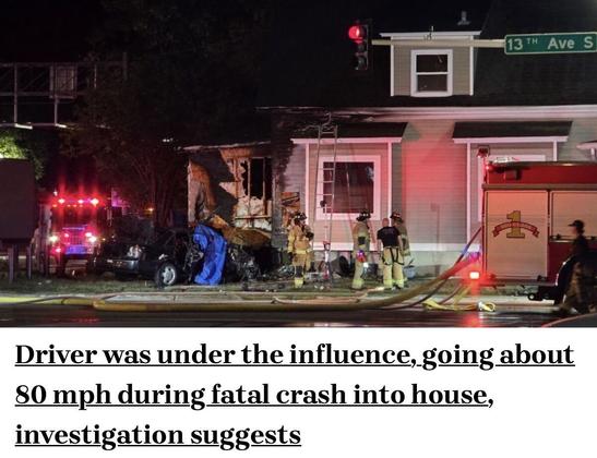 Firefighters at the scene of a partially burned house. A car is nose first into the side of the house.

Photo Caption: Driver was under the influence, going about 80 mph during fatal crash into house, investigation suggests.


