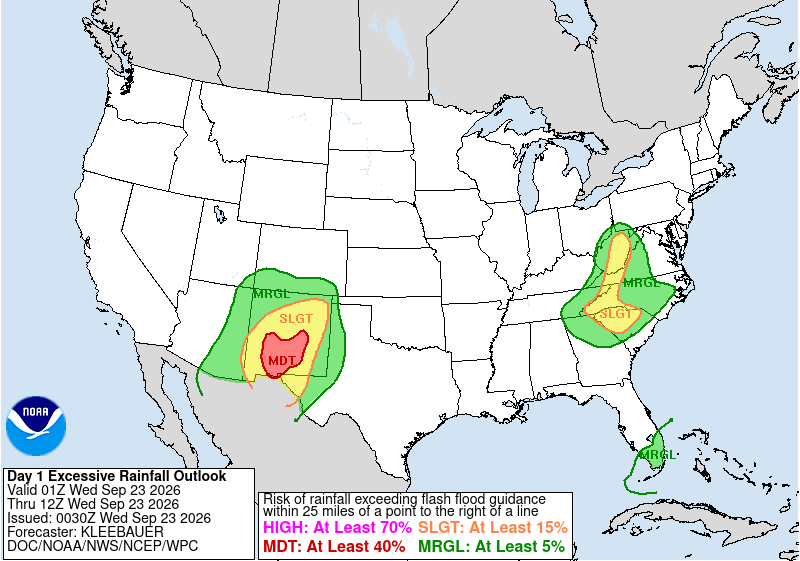 NOAA Map of conterminous US with Excessive Rainfall Outlook.
New Mexico: Moderate to Marginal.
Carolinas up to WV: slight to marginal 